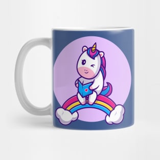 Cute Unicorn Reading Book On Rainbow Cartoon Mug